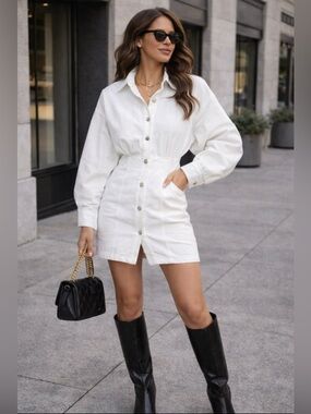 IRO White Raffa Balloon Sleeve Collared Denim Button Down Mini Dress 36/ S / 4